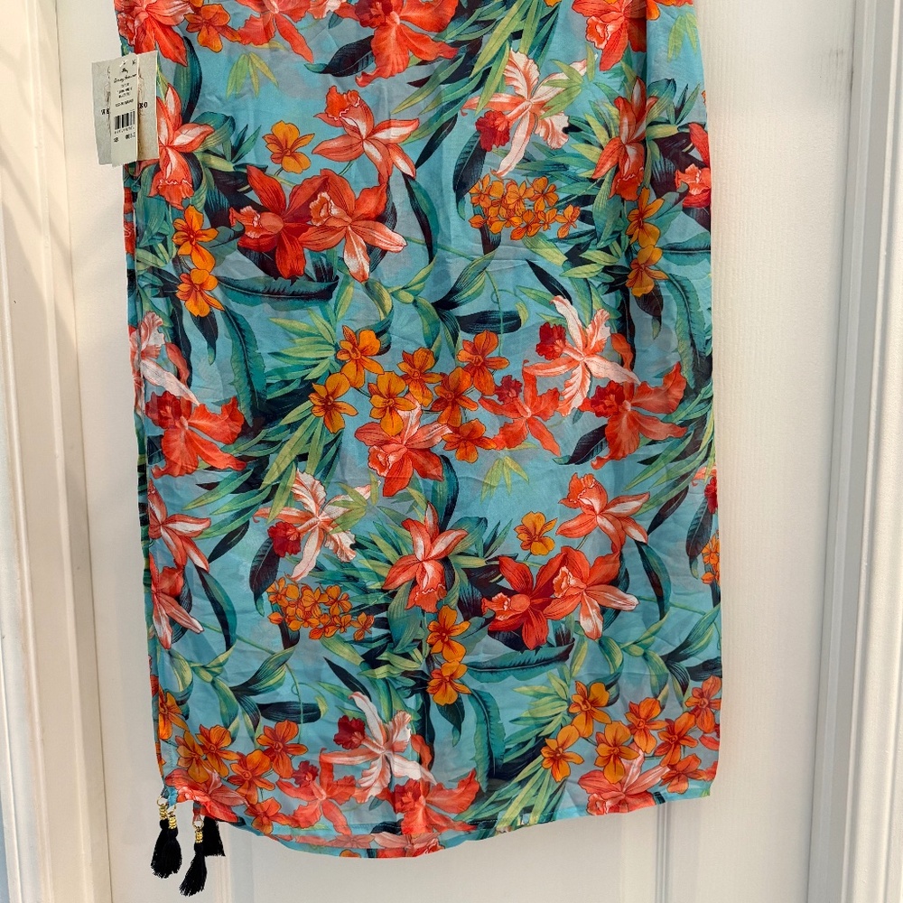 NWT Tommy Bahama Pareo Beach Coverup Turquoise with Tropical Print & Tassels